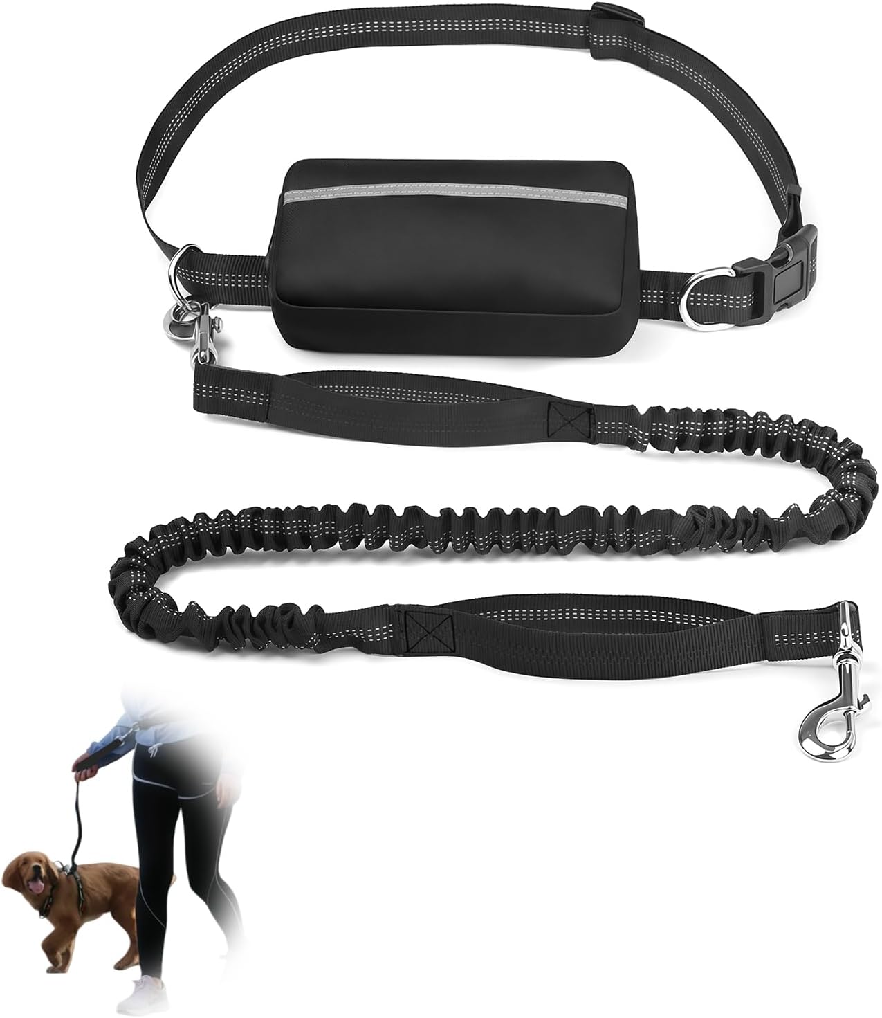 Hands Free Dog Leash with Adjustable Waist Belt Retractable Design Reflective Bungee Cord and Dual Handles for Running Walking Hiking Medium to Large Dogs Includes Zipper Pouch Convenience