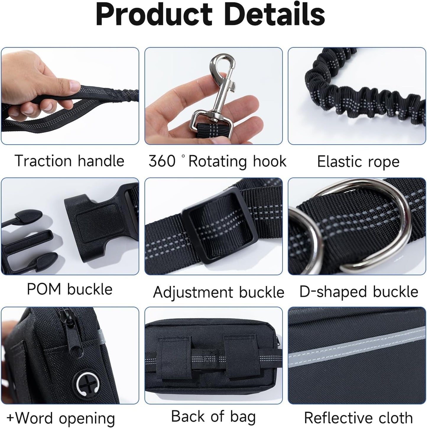 Hands Free Dog Leash with Adjustable Waist Belt Retractable Design Reflective Bungee Cord and Dual Handles for Running Walking Hiking Medium to Large Dogs Includes Zipper Pouch Convenience