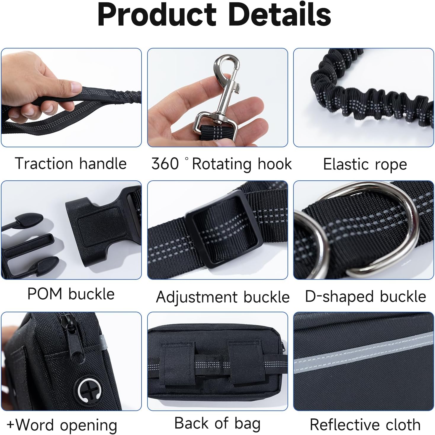 Hands Free Dog Leash with Adjustable Waist Belt Retractable Design Reflective Bungee Cord and Dual Handles for Running Walking Hiking Medium to Large Dogs Includes Zipper Pouch Convenience