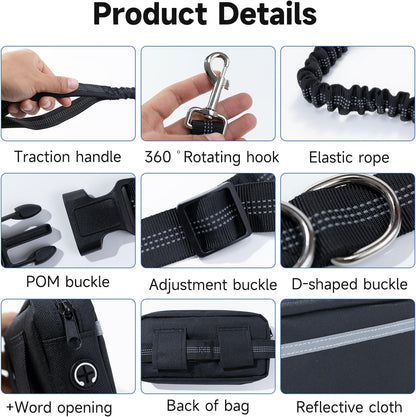 Hands Free Dog Leash with Adjustable Waist Belt Retractable Design Reflective Bungee Cord and Dual Handles for Running Walking Hiking Medium to Large Dogs Includes Zipper Pouch Convenience