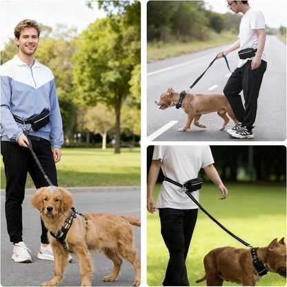 Hands Free Dog Leash with Adjustable Waist Belt Retractable Design Reflective Bungee Cord and Dual Handles for Running Walking Hiking Medium to Large Dogs Includes Zipper Pouch Convenience