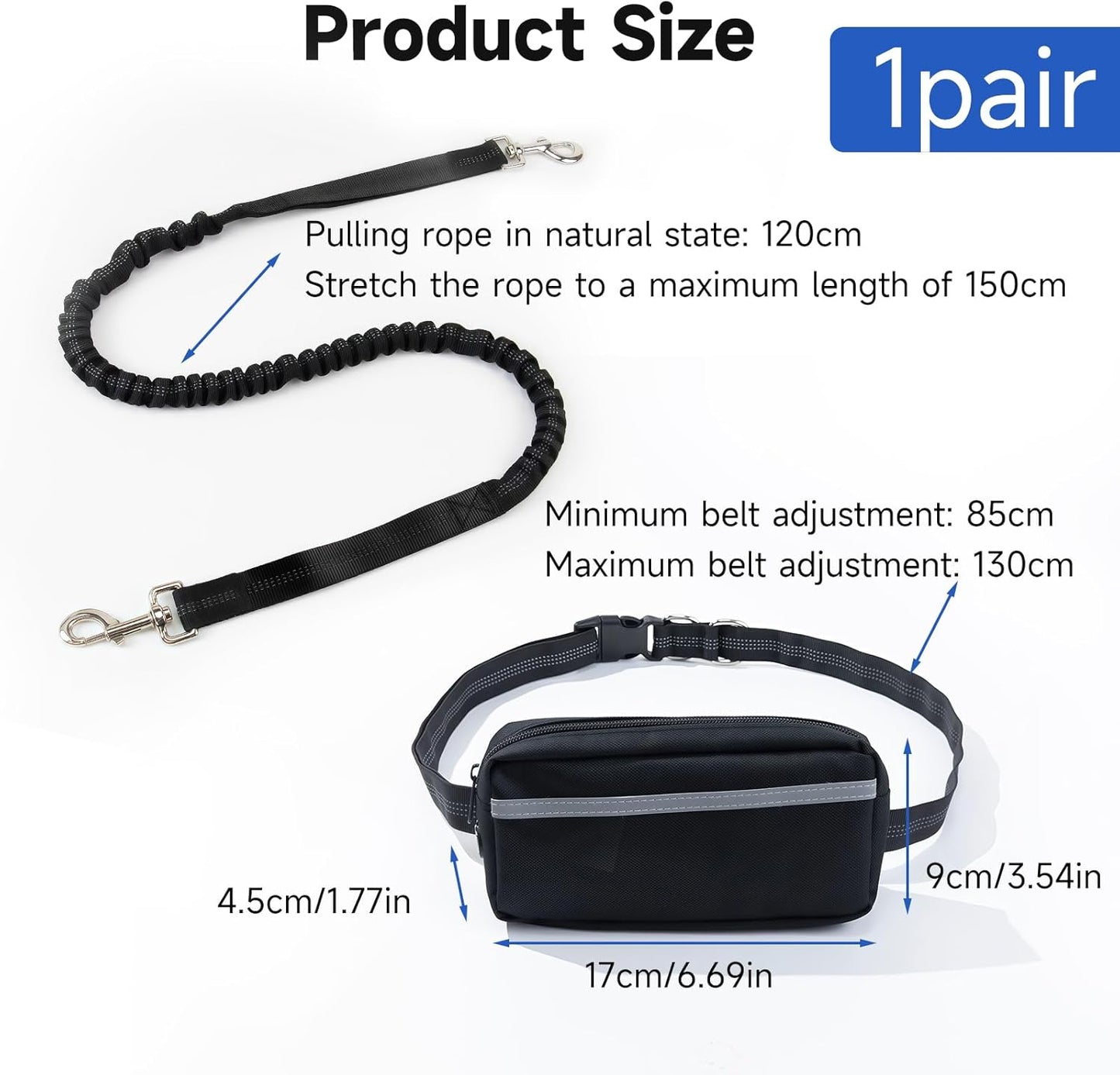 Hands Free Dog Leash with Adjustable Waist Belt Retractable Design Reflective Bungee Cord and Dual Handles for Running Walking Hiking Medium to Large Dogs Includes Zipper Pouch Convenience