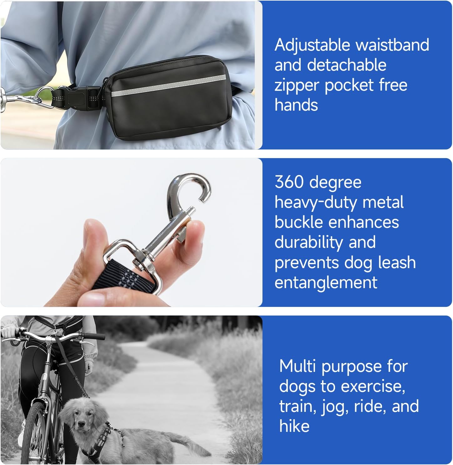 Hands Free Dog Leash with Adjustable Waist Belt Retractable Design Reflective Bungee Cord and Dual Handles for Running Walking Hiking Medium to Large Dogs Includes Zipper Pouch Convenience